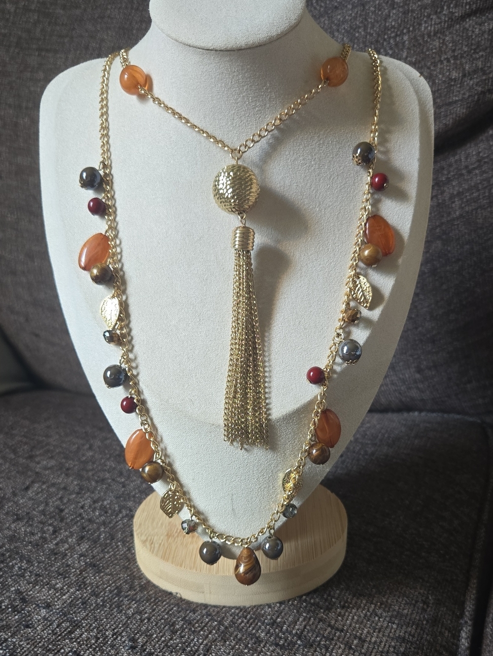 Vintage Y2k Gold Tone Tassel & Bead Layered Necklace - Earth Tones